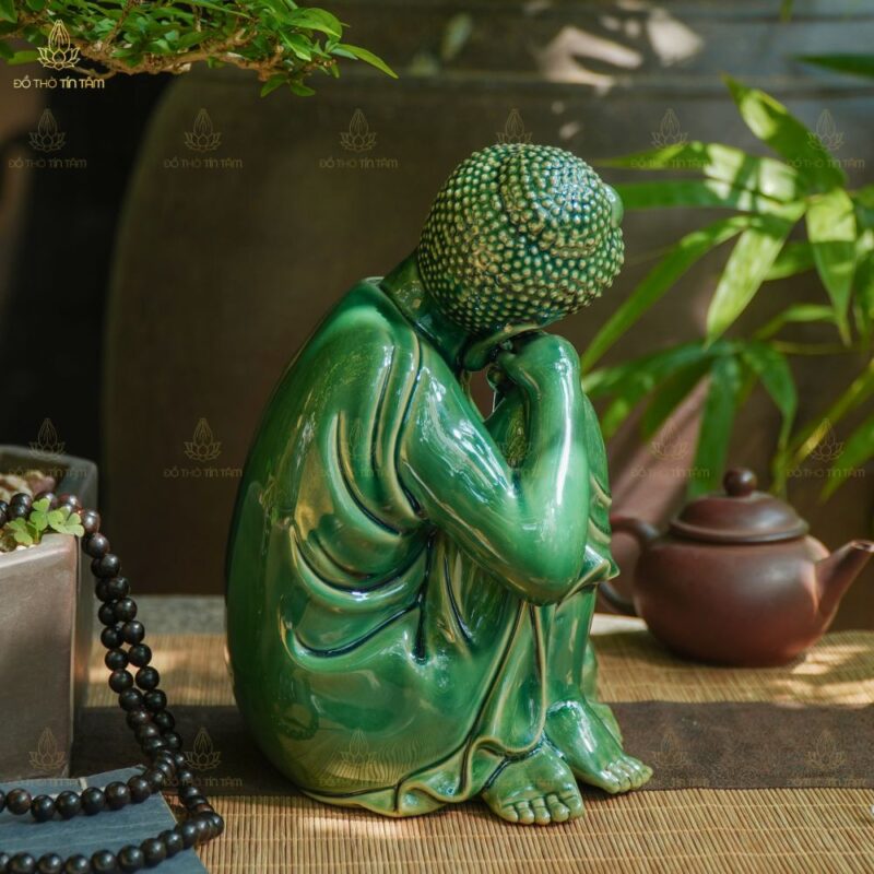 Tượng Phật An Nhiên Ngồi Đài Sen Men Xanh Lá