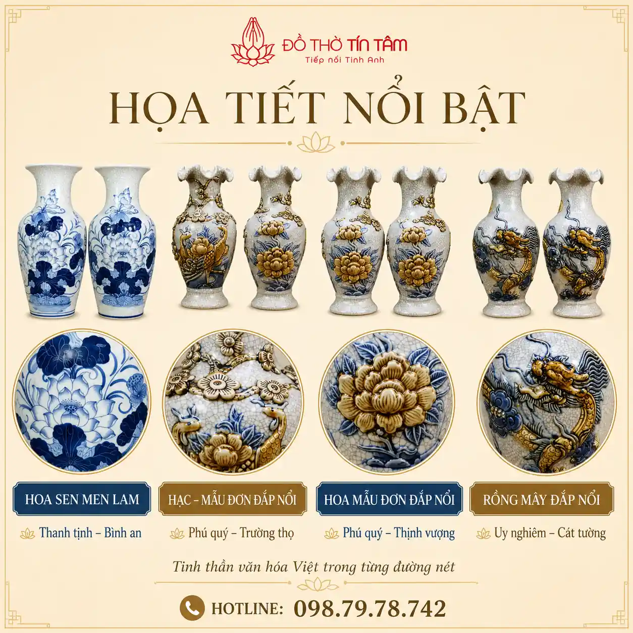 họa tiết sen, rồng , hoa trên lọ hoa thờ cúng bát tràng